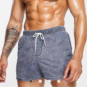ASOS DESIGN Mens Navy Acid Washed Shirt Swim Shorts